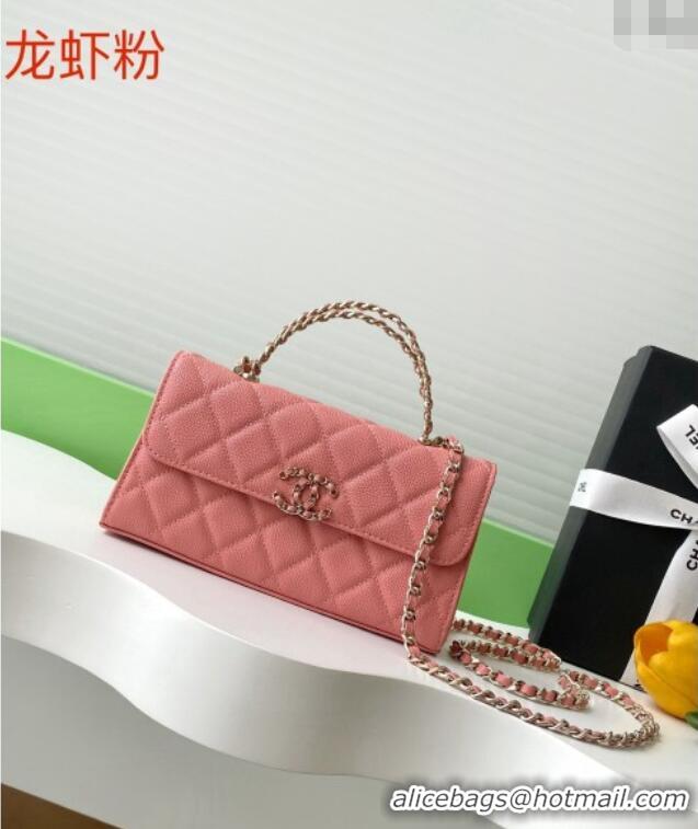 Best Price Chanel Phone Holder with Chain in Grained Shiny Calfskin AP3238 Lobster Pink Spring-Summer 2025