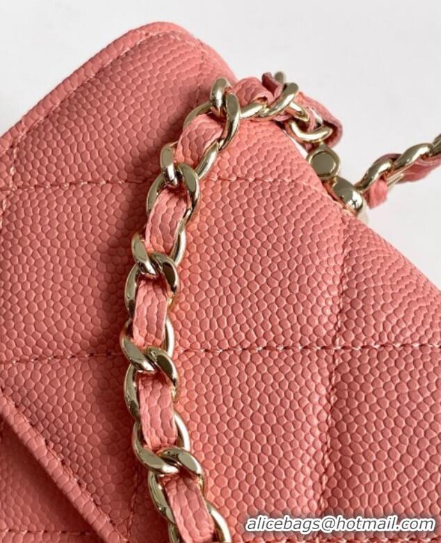 Best Price Chanel Phone Holder with Chain in Grained Shiny Calfskin AP3238 Lobster Pink Spring-Summer 2025