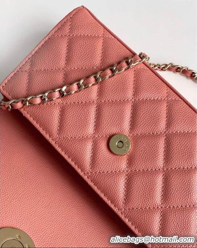 Best Price Chanel Phone Holder with Chain in Grained Shiny Calfskin AP3238 Lobster Pink Spring-Summer 2025