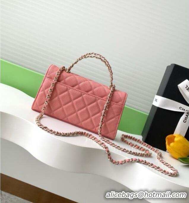 Best Price Chanel Phone Holder with Chain in Grained Shiny Calfskin AP3238 Lobster Pink Spring-Summer 2025