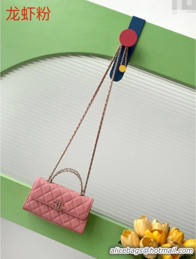 Best Price Chanel Phone Holder with Chain in Grained Shiny Calfskin AP3238 Lobster Pink Spring-Summer 2025