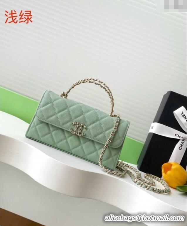 Most Popular Chanel Phone Holder with Chain in Grained Shiny Calfskin AP3238 Light Green Spring-Summer 2025