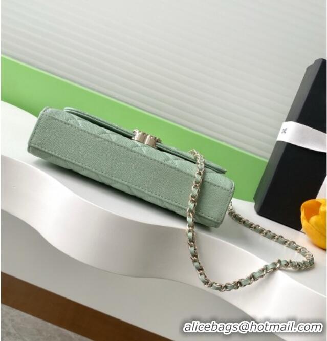 Most Popular Chanel Phone Holder with Chain in Grained Shiny Calfskin AP3238 Light Green Spring-Summer 2025