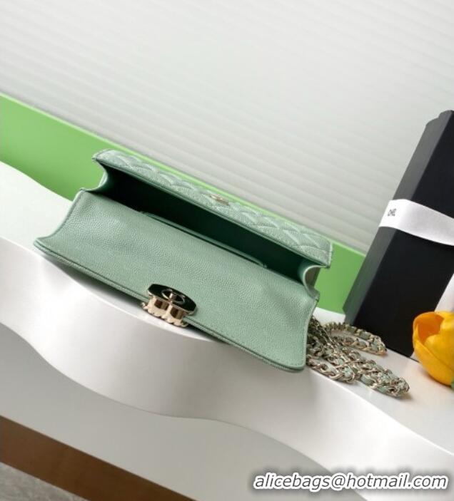 Most Popular Chanel Phone Holder with Chain in Grained Shiny Calfskin AP3238 Light Green Spring-Summer 2025