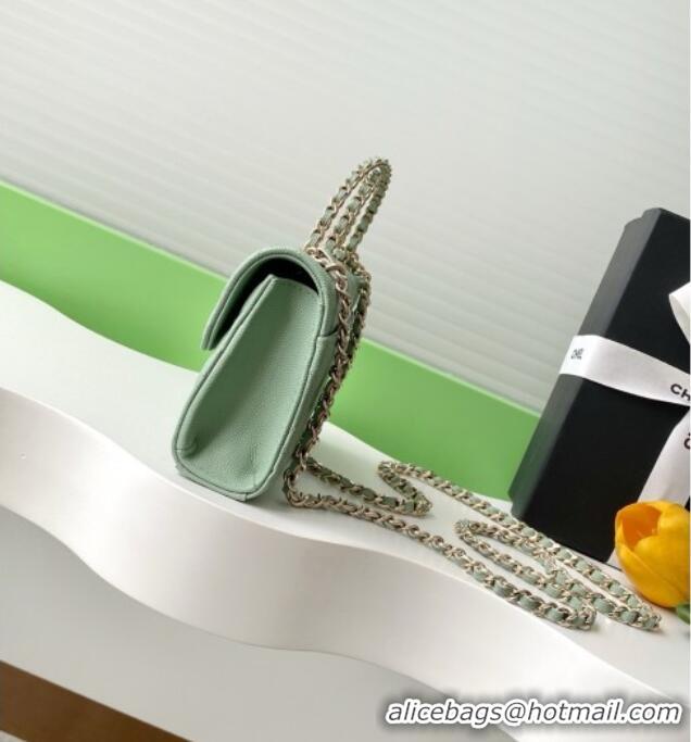Most Popular Chanel Phone Holder with Chain in Grained Shiny Calfskin AP3238 Light Green Spring-Summer 2025