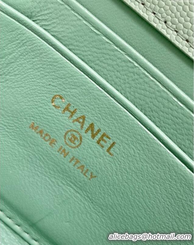 Most Popular Chanel Phone Holder with Chain in Grained Shiny Calfskin AP3238 Light Green Spring-Summer 2025