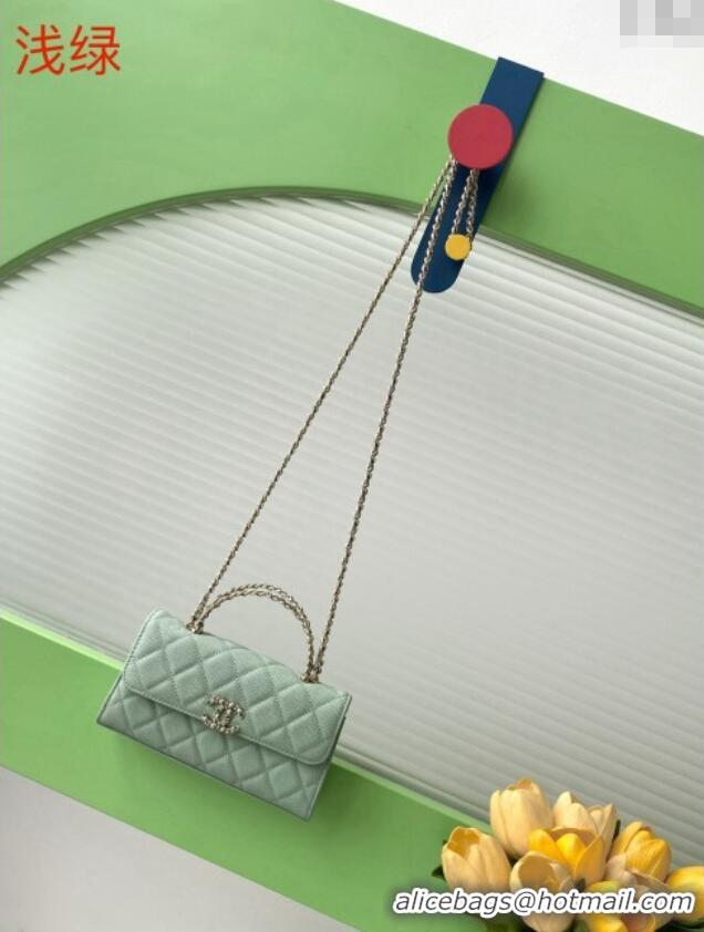 Most Popular Chanel Phone Holder with Chain in Grained Shiny Calfskin AP3238 Light Green Spring-Summer 2025