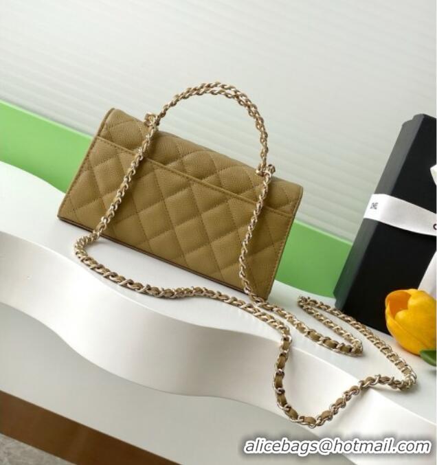 Promotional Chanel Phone Holder with Chain in Grained Shiny Calfskin AP3238 Khaki Green Spring-Summer 2025