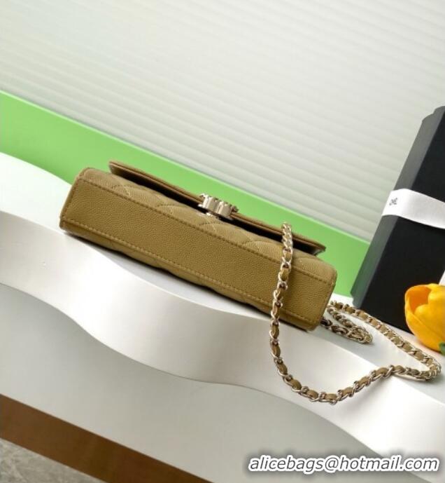 Promotional Chanel Phone Holder with Chain in Grained Shiny Calfskin AP3238 Khaki Green Spring-Summer 2025