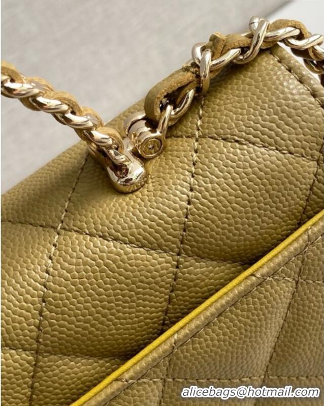 Promotional Chanel Phone Holder with Chain in Grained Shiny Calfskin AP3238 Khaki Green Spring-Summer 2025