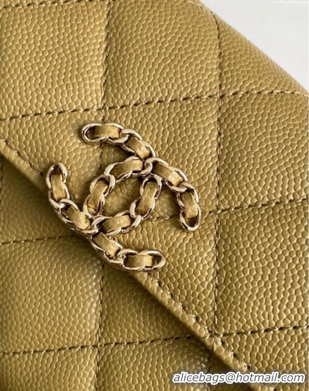 Promotional Chanel Phone Holder with Chain in Grained Shiny Calfskin AP3238 Khaki Green Spring-Summer 2025