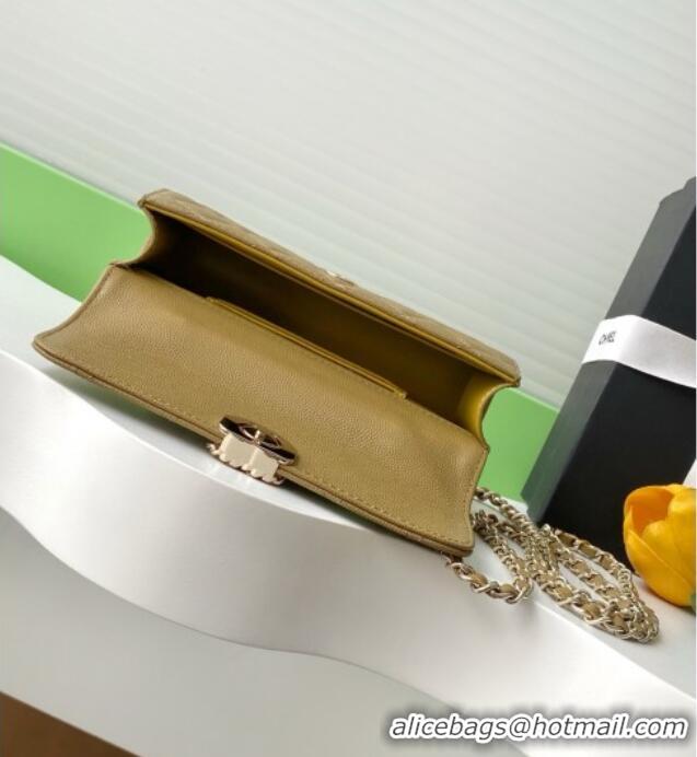 Promotional Chanel Phone Holder with Chain in Grained Shiny Calfskin AP3238 Khaki Green Spring-Summer 2025