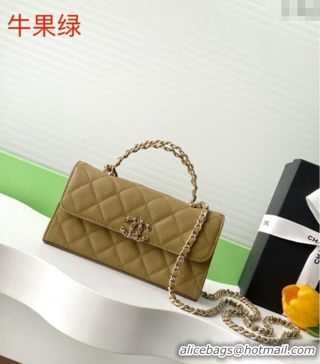 Promotional Chanel Phone Holder with Chain in Grained Shiny Calfskin AP3238 Khaki Green Spring-Summer 2025