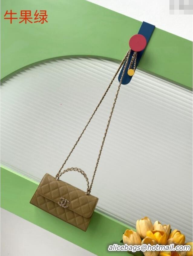 Promotional Chanel Phone Holder with Chain in Grained Shiny Calfskin AP3238 Khaki Green Spring-Summer 2025