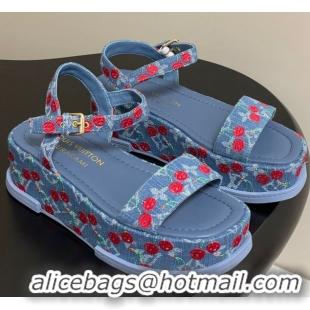 Shop Duplicate Louis Vuitton LV x TM Maya Platform Sandals 5cm in Blue Denim with Luscious Cherry 0607022