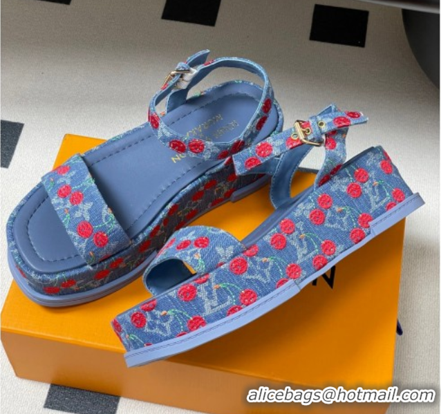 Shop Duplicate Louis Vuitton LV x TM Maya Platform Sandals 5cm in Blue Denim with Luscious Cherry 0607022