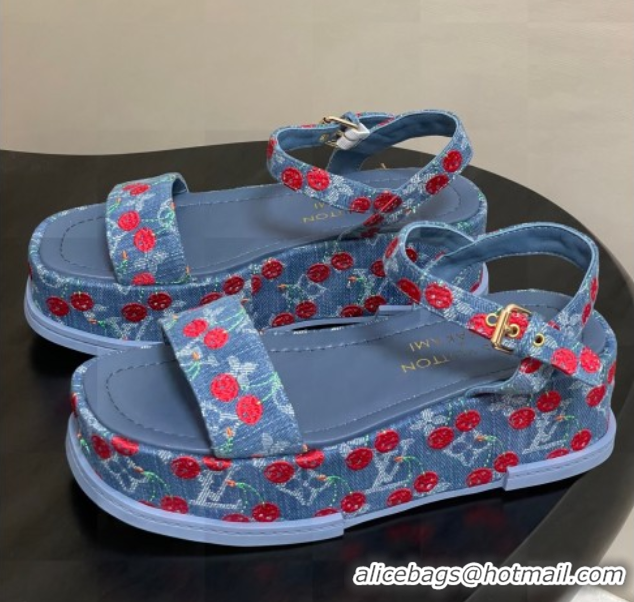 Shop Duplicate Louis Vuitton LV x TM Maya Platform Sandals 5cm in Blue Denim with Luscious Cherry 0607022