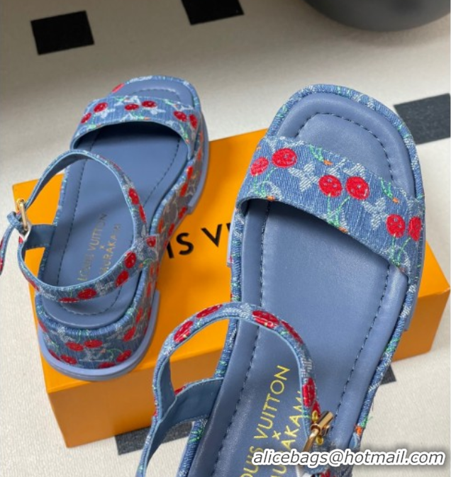Shop Duplicate Louis Vuitton LV x TM Maya Platform Sandals 5cm in Blue Denim with Luscious Cherry 0607022