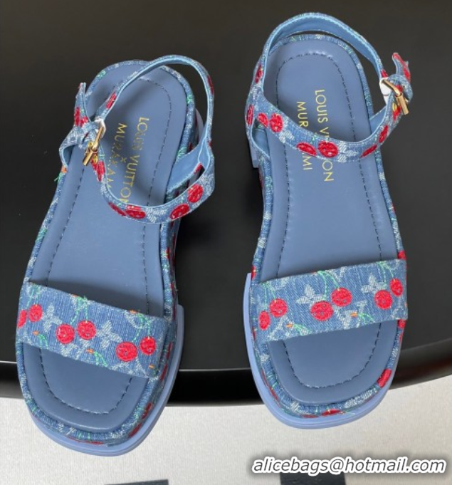 Shop Duplicate Louis Vuitton LV x TM Maya Platform Sandals 5cm in Blue Denim with Luscious Cherry 0607022