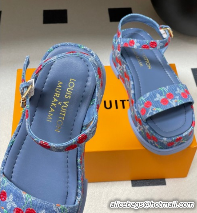 Shop Duplicate Louis Vuitton LV x TM Maya Platform Sandals 5cm in Blue Denim with Luscious Cherry 0607022