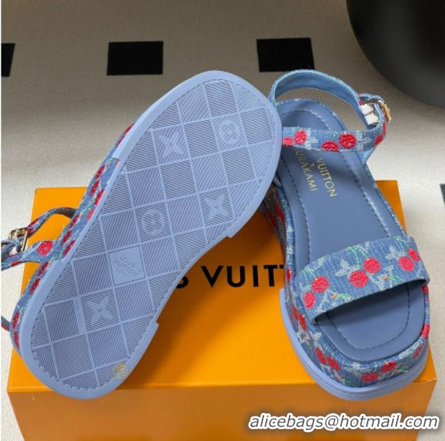Shop Duplicate Louis Vuitton LV x TM Maya Platform Sandals 5cm in Blue Denim with Luscious Cherry 0607022