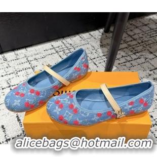 Top Grade Louis Vuitton LV x TM Romy Flat Ballerinas in Light Blue Denim with Luscious Cherry 0607023