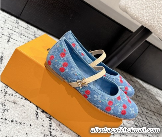 Top Grade Louis Vuitton LV x TM Romy Flat Ballerinas in Light Blue Denim with Luscious Cherry 0607023