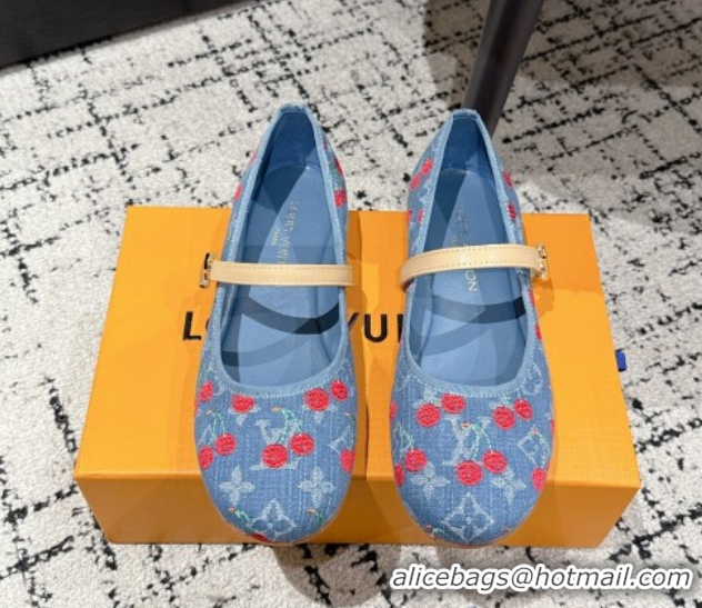 Top Grade Louis Vuitton LV x TM Romy Flat Ballerinas in Light Blue Denim with Luscious Cherry 0607023