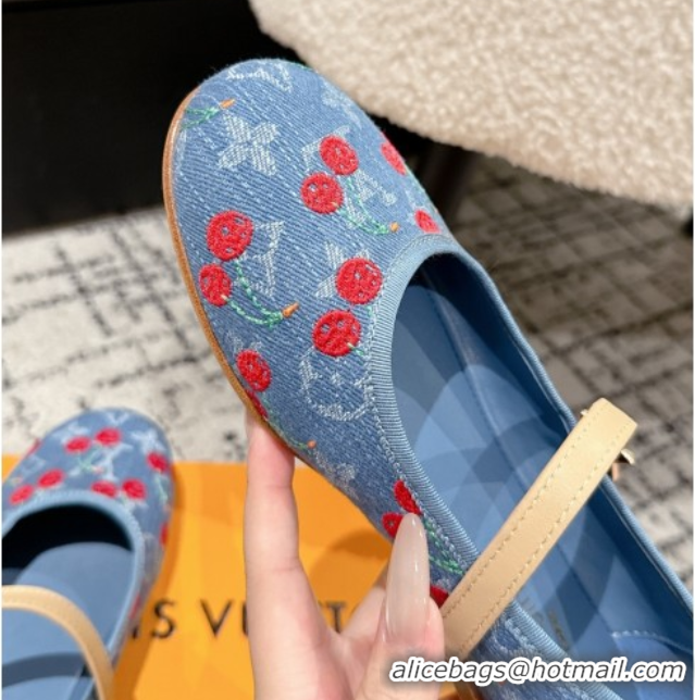 Top Grade Louis Vuitton LV x TM Romy Flat Ballerinas in Light Blue Denim with Luscious Cherry 0607023