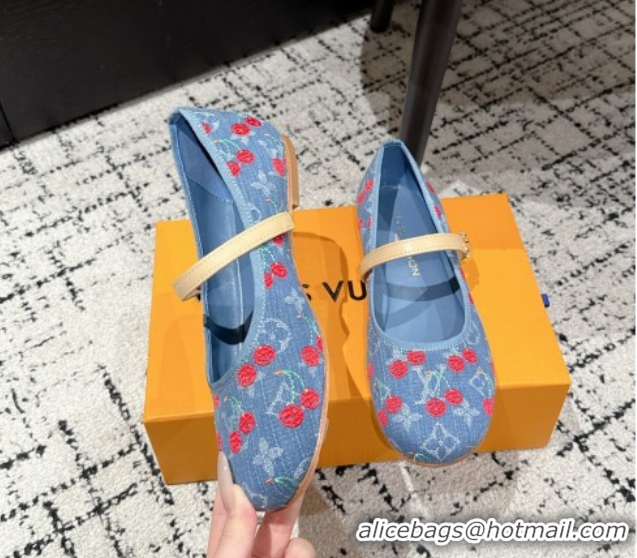Top Grade Louis Vuitton LV x TM Romy Flat Ballerinas in Light Blue Denim with Luscious Cherry 0607023