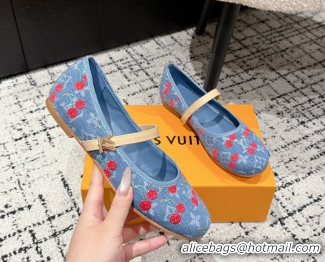 Top Grade Louis Vuitton LV x TM Romy Flat Ballerinas in Light Blue Denim with Luscious Cherry 0607023