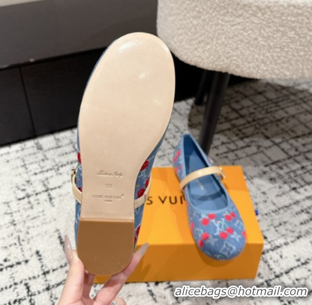 Top Grade Louis Vuitton LV x TM Romy Flat Ballerinas in Light Blue Denim with Luscious Cherry 0607023