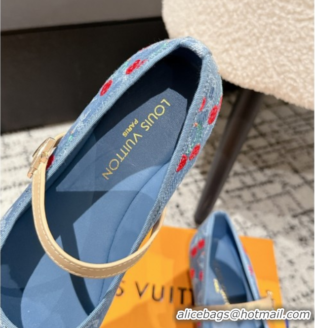 Top Grade Louis Vuitton LV x TM Romy Flat Ballerinas in Light Blue Denim with Luscious Cherry 0607023