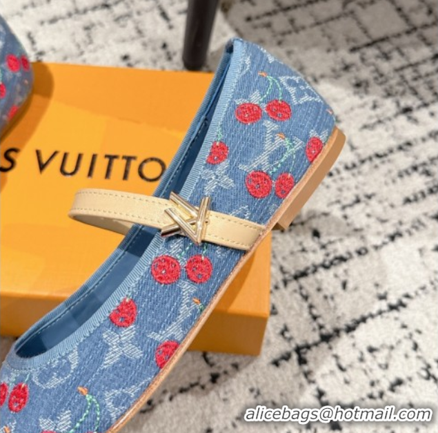 Top Grade Louis Vuitton LV x TM Romy Flat Ballerinas in Light Blue Denim with Luscious Cherry 0607023