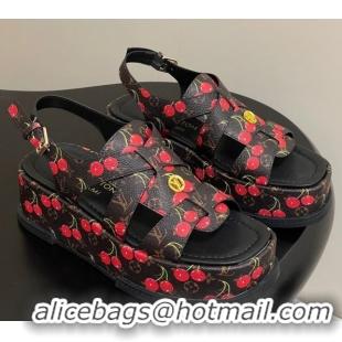 Luxury Louis Vuitton LV x TM Maya Flatform Sandals 5cm in Leather with Luscious Cherry Black 0607024