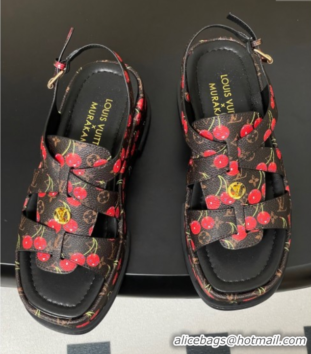 Luxury Louis Vuitton LV x TM Maya Flatform Sandals 5cm in Leather with Luscious Cherry Black 0607024
