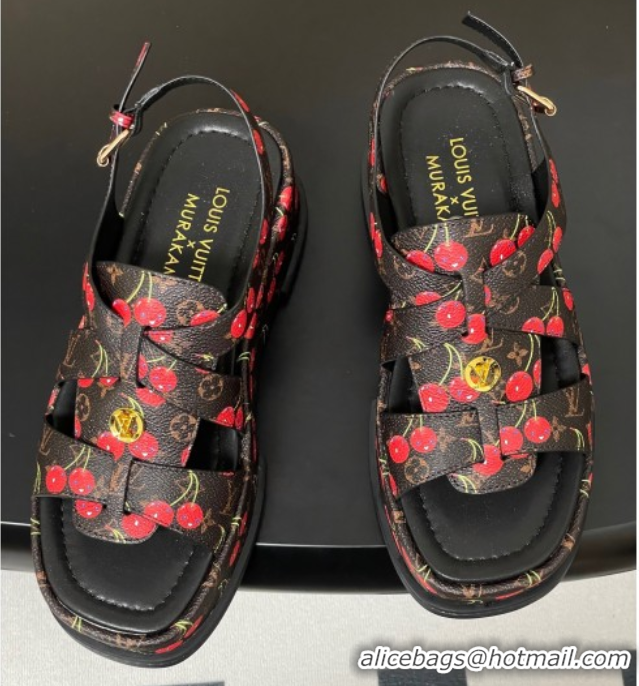 Luxury Louis Vuitton LV x TM Maya Flatform Sandals 5cm in Leather with Luscious Cherry Black 0607024