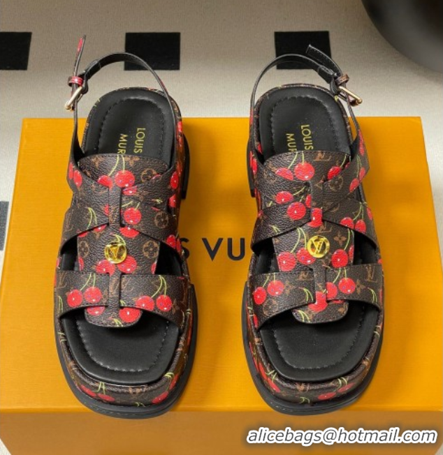 Luxury Louis Vuitton LV x TM Maya Flatform Sandals 5cm in Leather with Luscious Cherry Black 0607024