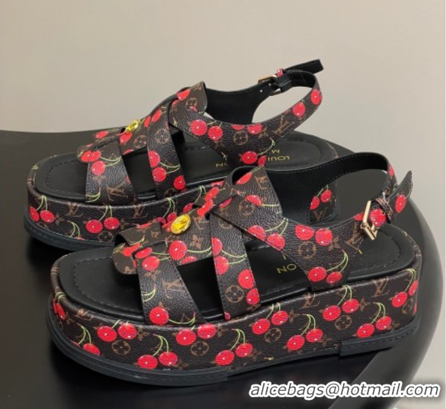 Luxury Louis Vuitton LV x TM Maya Flatform Sandals 5cm in Leather with Luscious Cherry Black 0607024