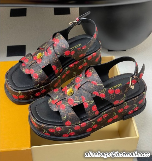 Luxury Louis Vuitton LV x TM Maya Flatform Sandals 5cm in Leather with Luscious Cherry Black 0607024