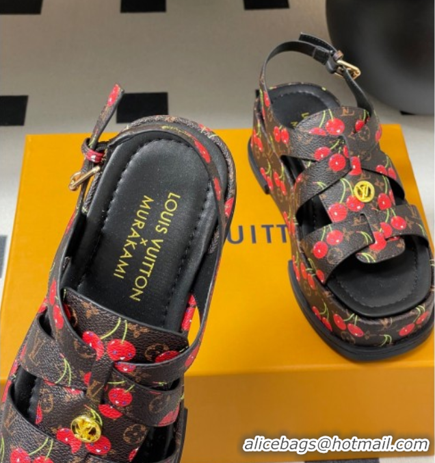 Luxury Louis Vuitton LV x TM Maya Flatform Sandals 5cm in Leather with Luscious Cherry Black 0607024