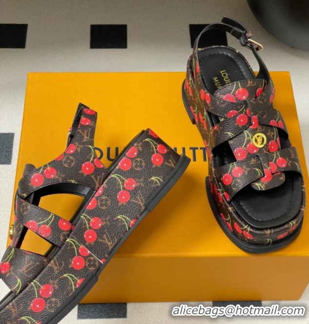Luxury Louis Vuitton LV x TM Maya Flatform Sandals 5cm in Leather with Luscious Cherry Black 0607024