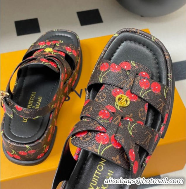 Luxury Louis Vuitton LV x TM Maya Flatform Sandals 5cm in Leather with Luscious Cherry Black 0607024