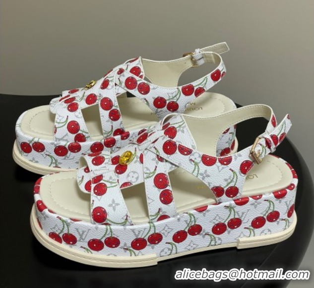 Unique Style Louis Vuitton LV x TM Maya Flatform Sandals 5cm in Leather with Luscious Cherry White 0607025