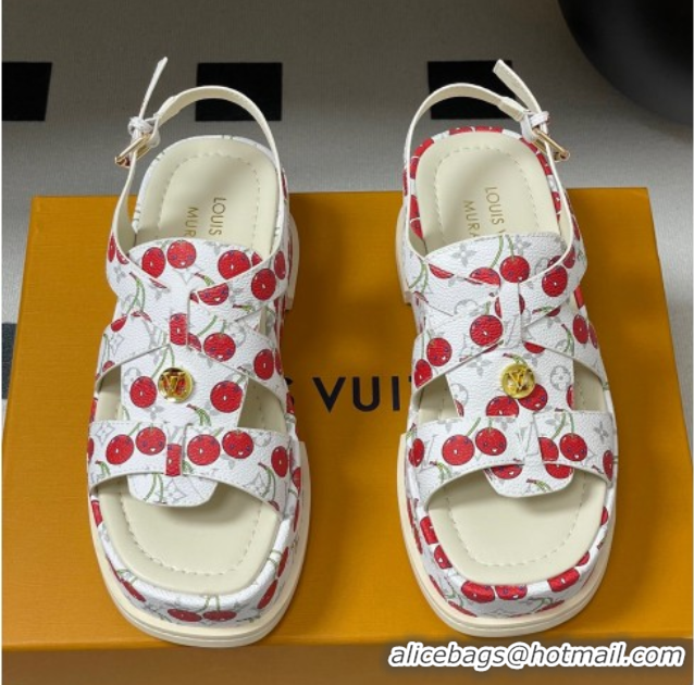 Unique Style Louis Vuitton LV x TM Maya Flatform Sandals 5cm in Leather with Luscious Cherry White 0607025