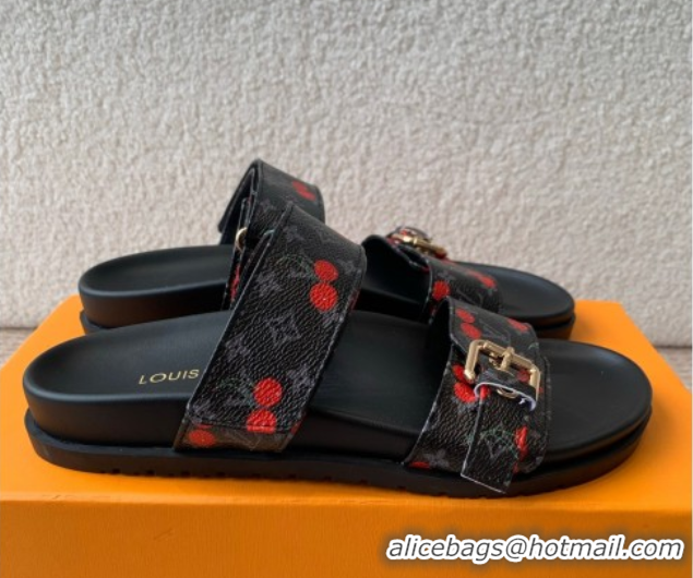 Good Product Louis Vuitton LV x TM Bom Dia Flat Comfort Slides Sandal in Leather with Luscious Cherry Black 0607026