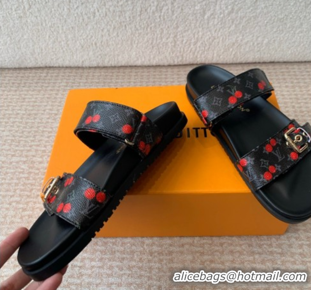 Good Product Louis Vuitton LV x TM Bom Dia Flat Comfort Slides Sandal in Leather with Luscious Cherry Black 0607026
