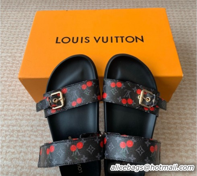 Good Product Louis Vuitton LV x TM Bom Dia Flat Comfort Slides Sandal in Leather with Luscious Cherry Black 0607026