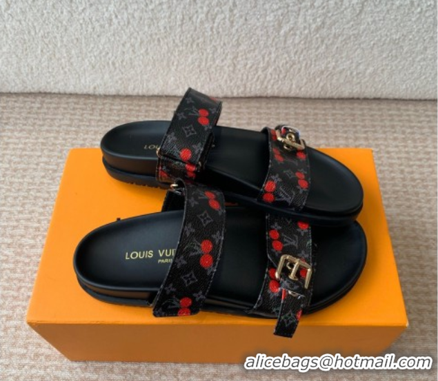 Good Product Louis Vuitton LV x TM Bom Dia Flat Comfort Slides Sandal in Leather with Luscious Cherry Black 0607026
