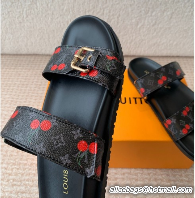 Good Product Louis Vuitton LV x TM Bom Dia Flat Comfort Slides Sandal in Leather with Luscious Cherry Black 0607026